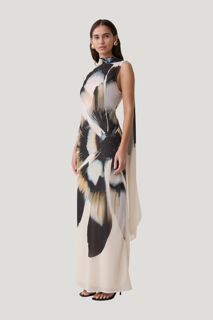 Dakota Chiffon Maxi Dress With Scarf - Ivory Oversized Floral Print — model side