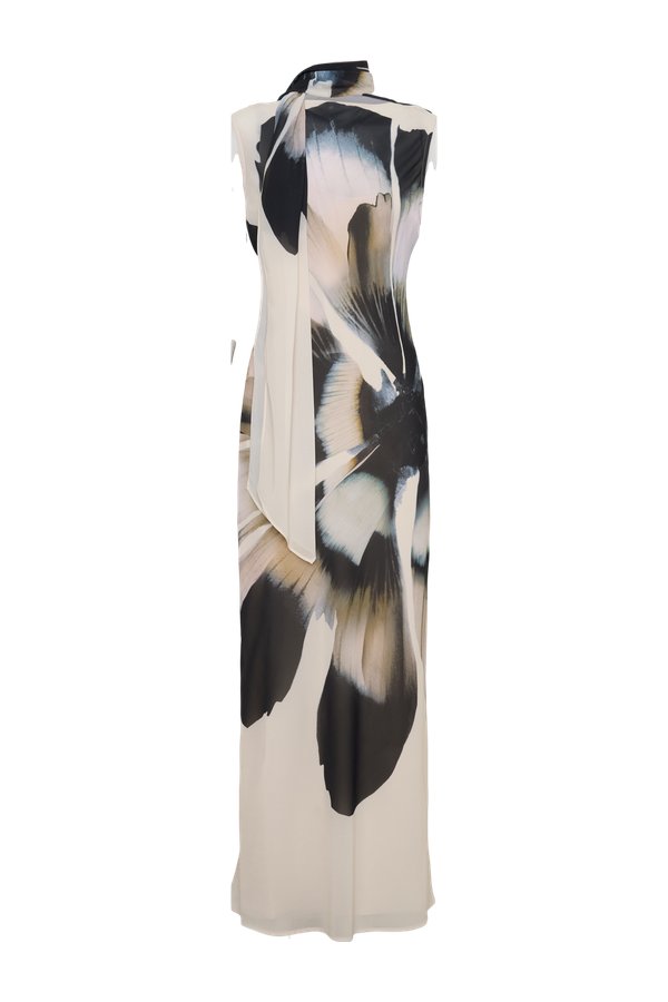 Dakota Chiffon Maxi Dress With Scarf - Ivory Oversized Floral Print — packshot
