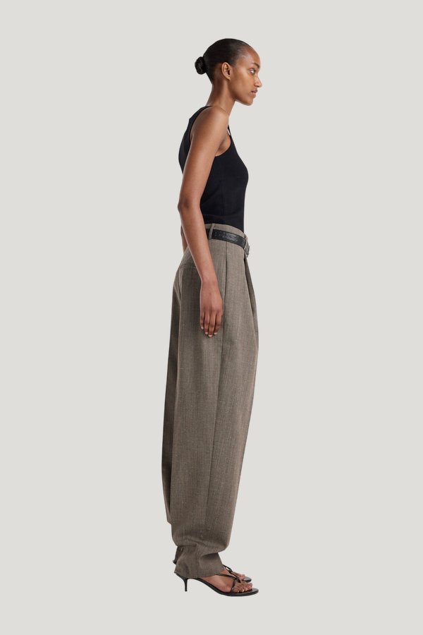 Daria - Single pleat tapered trousers | earth slub — model side