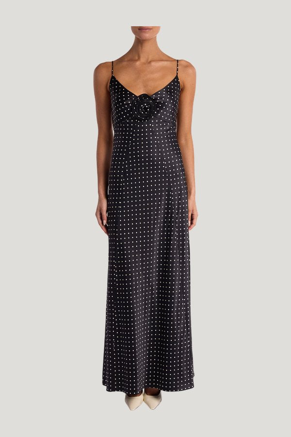 Deep V Rosette Gown (Black Polka Dot) — model front