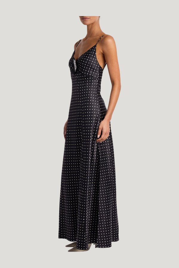 Deep V Rosette Gown (Black Polka Dot) — model side