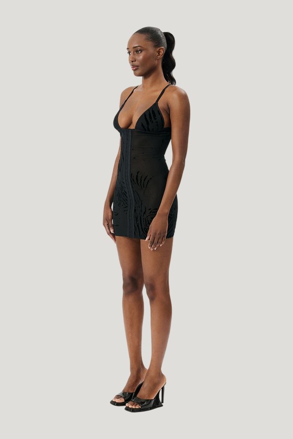 Doll Dress Black Zebra Print — model side