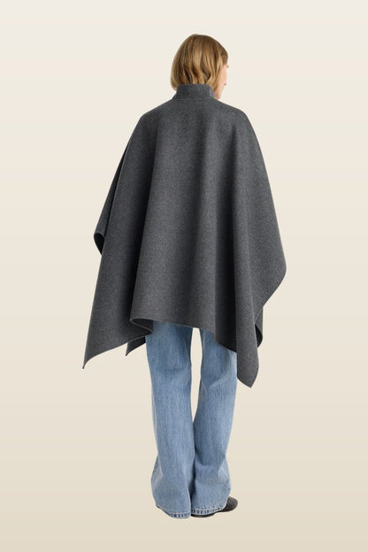 Double-faced wool pankou closure poncho | dark grey melange — model back