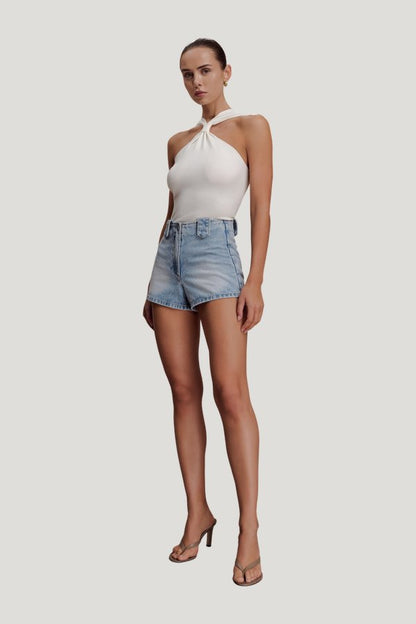 Erin Mid Rise Denim Shorts — model side