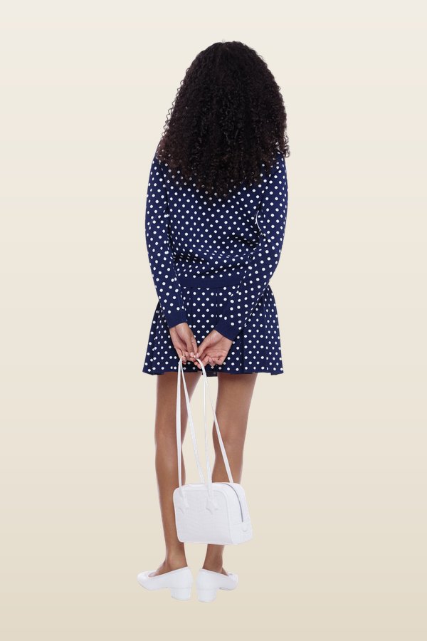 Ermine Skirt In Navy White Polka Dot — model back