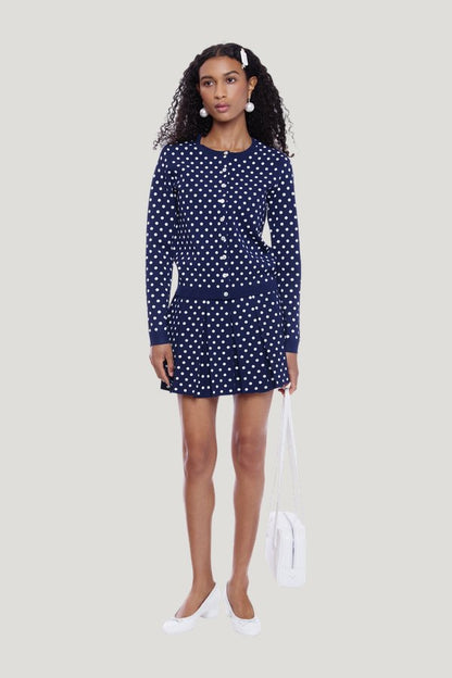 Ermine Skirt In Navy White Polka Dot — model front