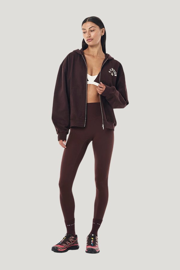 Established Zip Thru Hoodie In Mahogany — model front