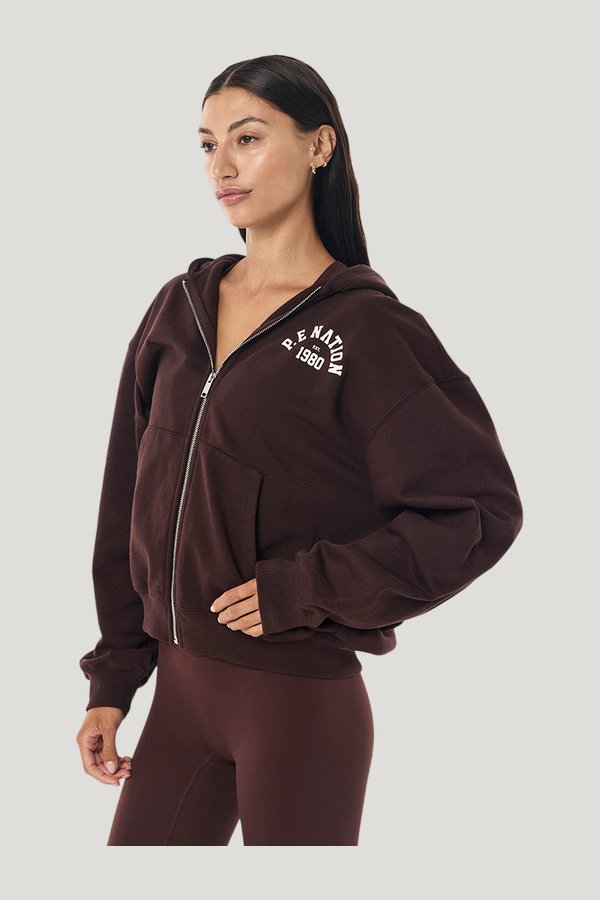Established Zip Thru Hoodie In Mahogany — model side