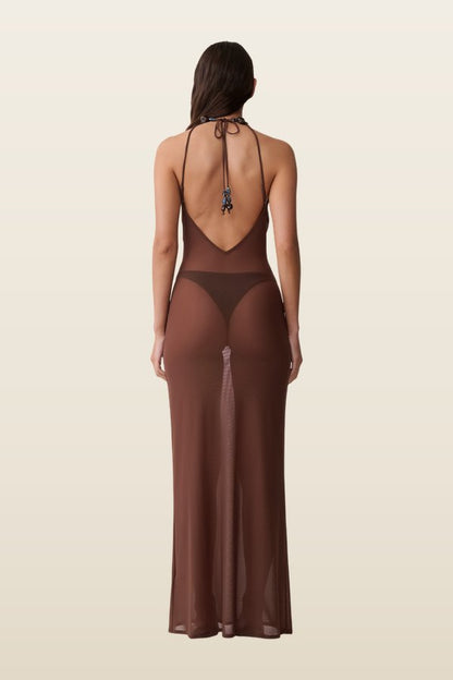 Ethal Mesh Cowl Neck Beaded Maxi Dress — model back