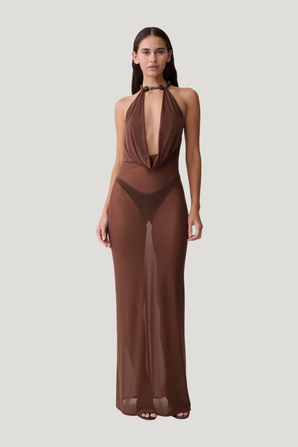 Ethal Mesh Cowl Neck Beaded Maxi Dress — model front