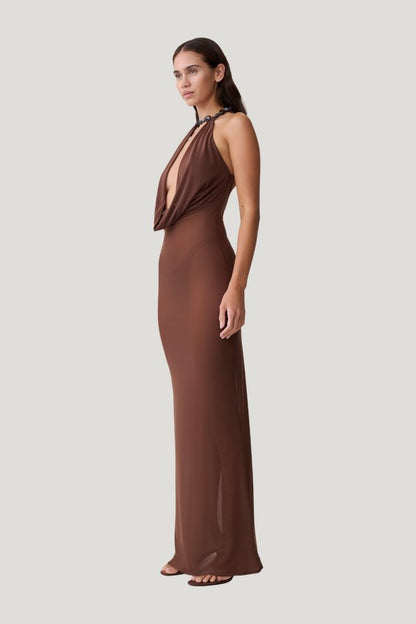 Ethal Mesh Cowl Neck Beaded Maxi Dress — model side