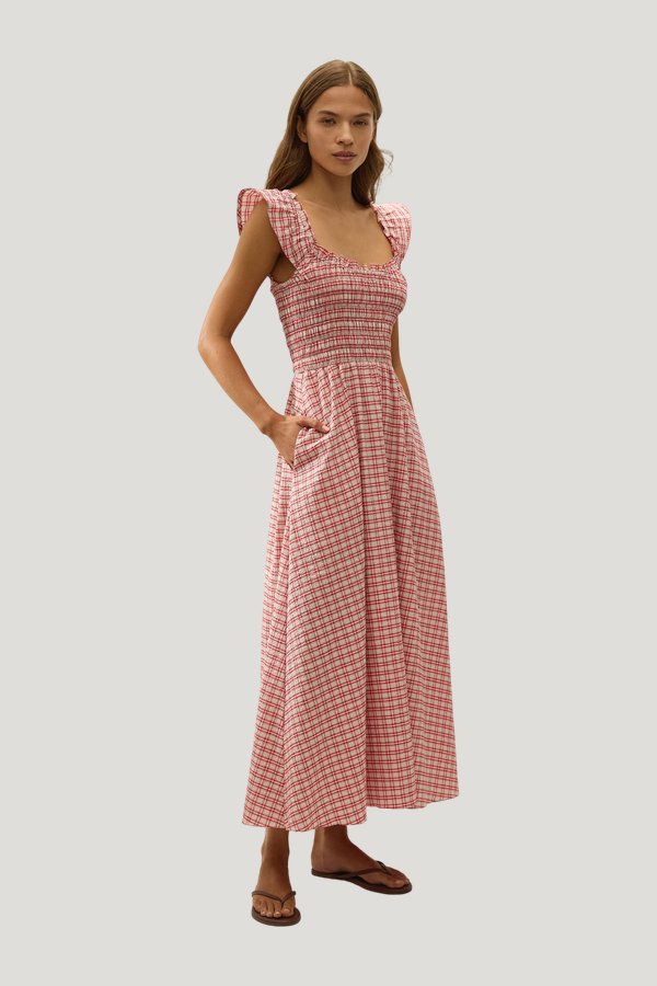 Eudora Midi Dress Vintage Red Check — model side