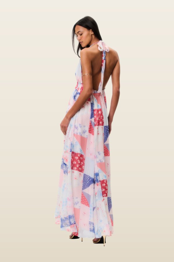 Fancy Patchwork Halter Maxi Dress — model back
