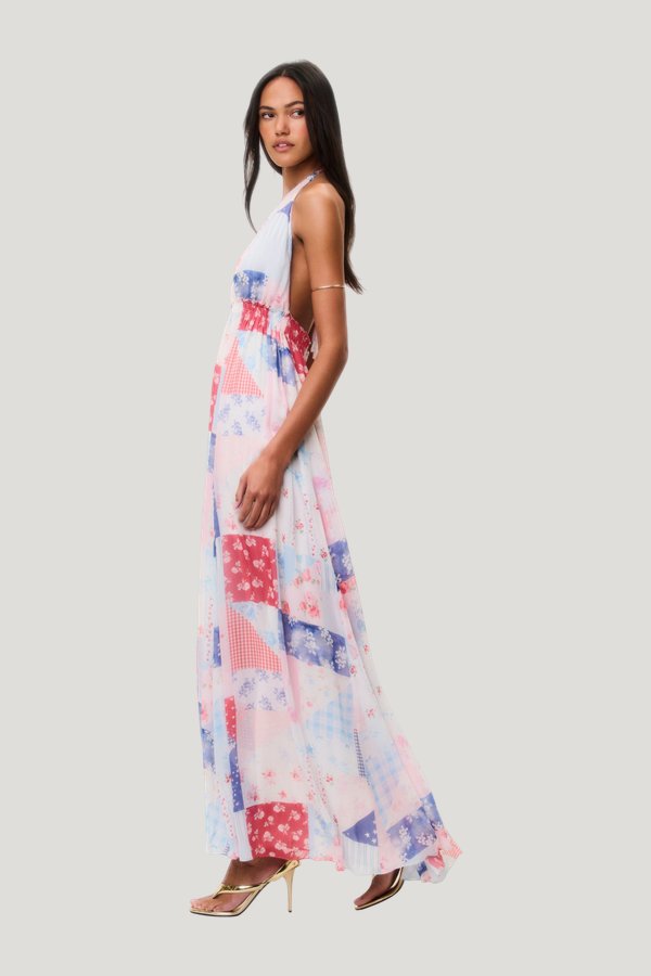 Fancy Patchwork Halter Maxi Dress — model side