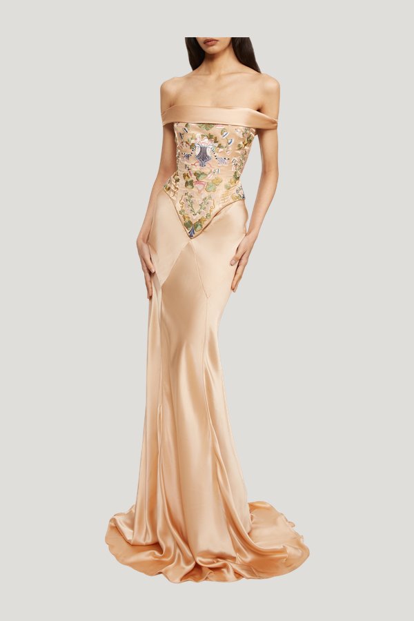 Florence Dress - Peach Silk — model side