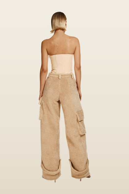 Fluffy pants in Latte — model back