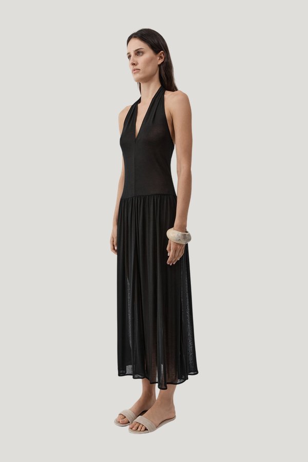 Fluid Jersey Halter Dress — model side