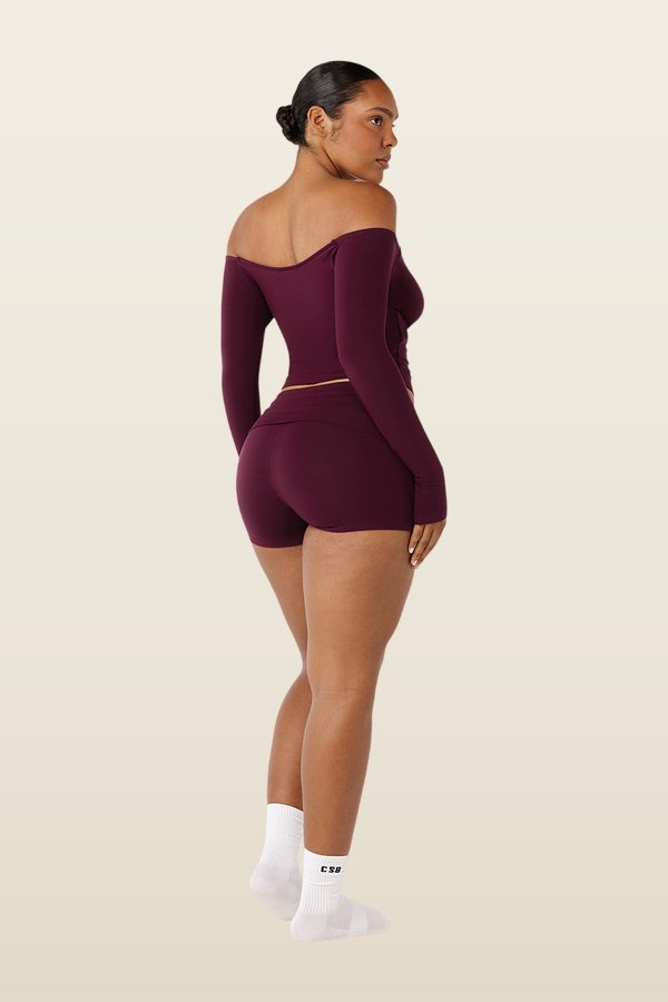 Foldover Yoga Shorts | Deep Berry — model back