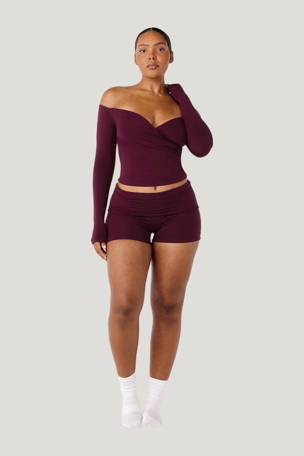 Foldover Yoga Shorts | Deep Berry — model front