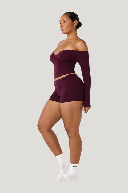 Foldover Yoga Shorts | Deep Berry — model side