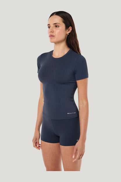 Foundation Short Sleeve Tee In Marine — model side