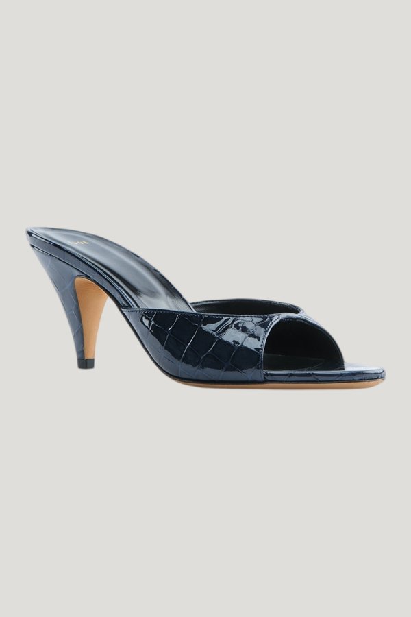 Haze Sandal Ink Croc Embossed Leather — model side