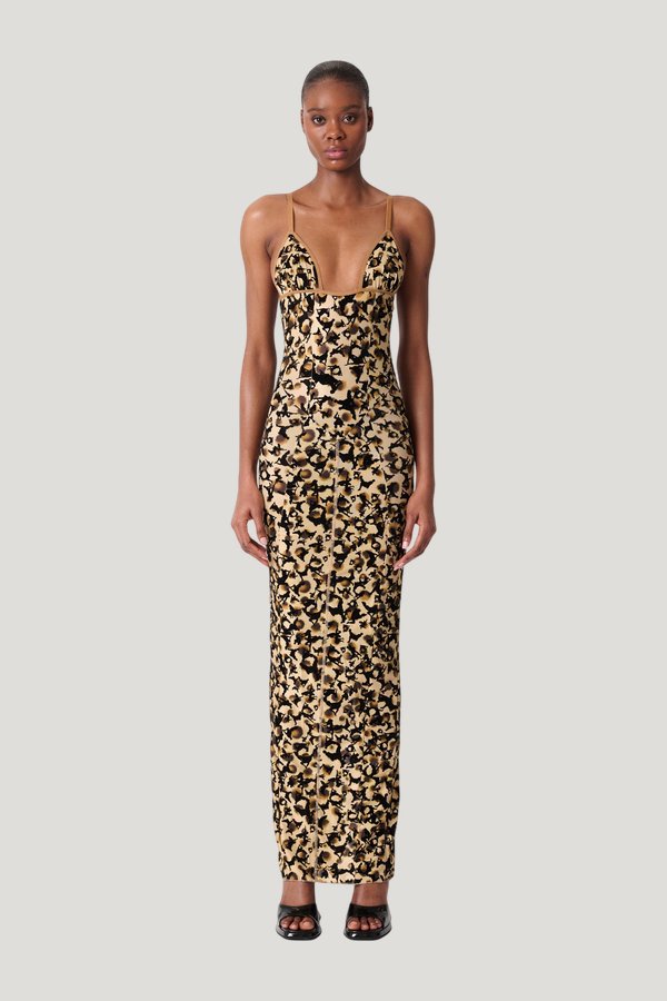Hun Dress Beige Leopard Print — model front