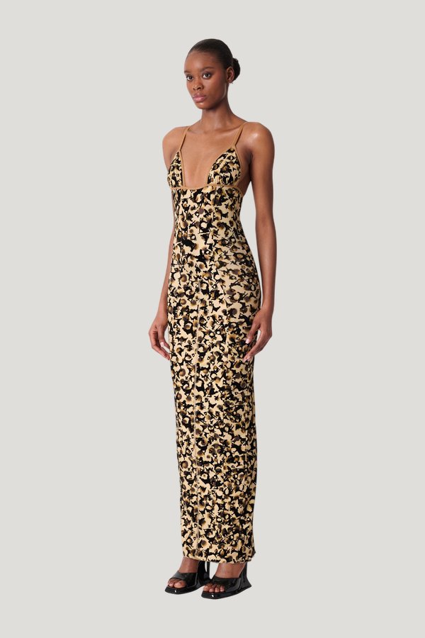 Hun Dress Beige Leopard Print — model side