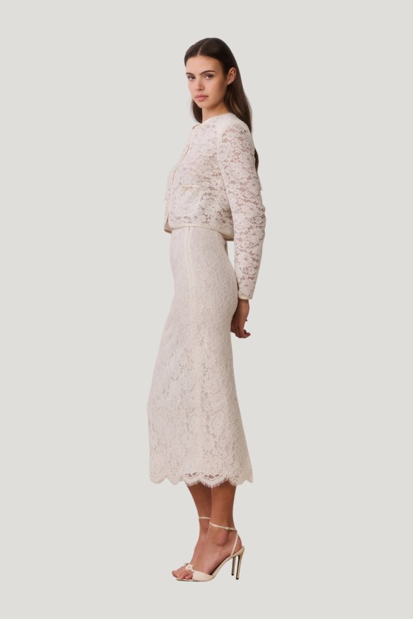 Ilse Lace Midi Pencil Skirt — model side
