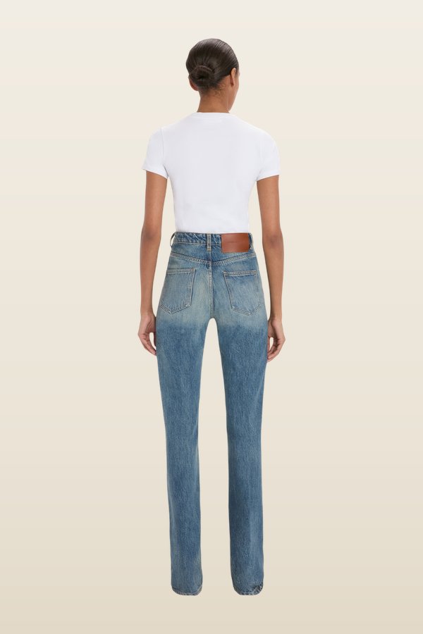 Julia Stretch Jean In Worn Blue Wash — model back