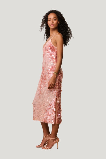 Kayleen Peach Sequin Midi Dress — model side
