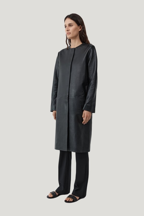 Leather Minimal Coat — model side