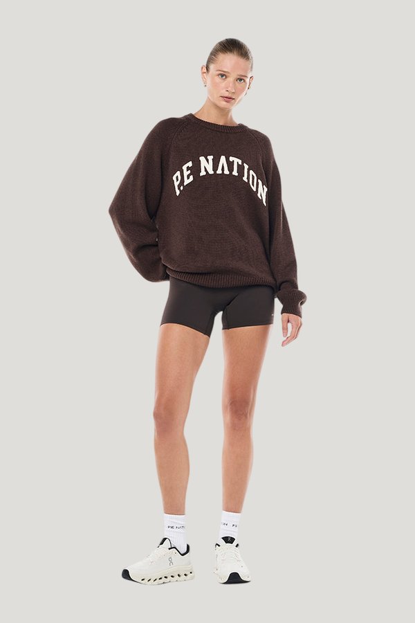 Legacy Knit Crew In Coffee — model side