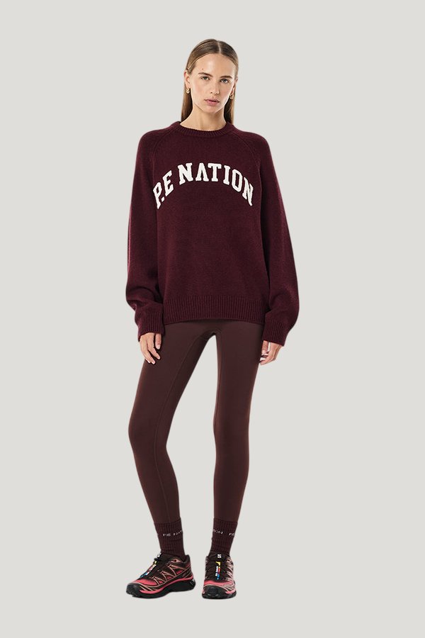 Legacy Knit Crew In Mahogany & Whisper — model front
