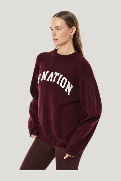 Legacy Knit Crew In Mahogany & Whisper — model side