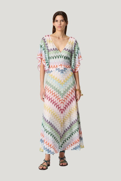 Long dress with V-neck in zigzag lamé viscose — model front