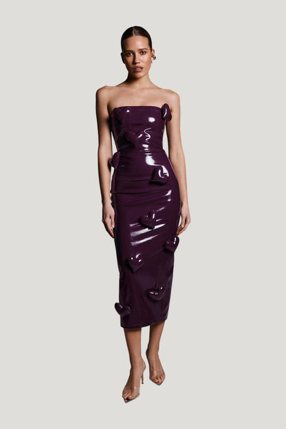 Love Killa dress in Plum Patent — model front