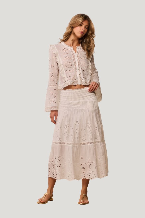 Mallow Cotton Bandana Eyelet Midi Skirt — model front