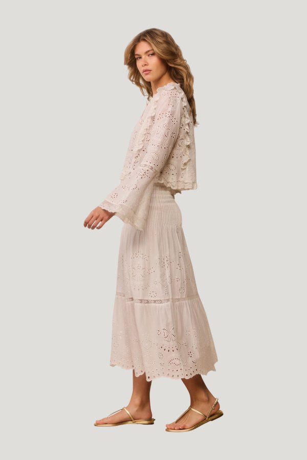 Mallow Cotton Bandana Eyelet Midi Skirt — model side