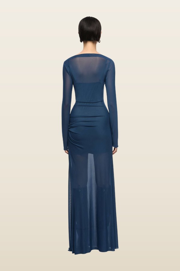 Marabou Long Sleeve Maxi Dress - Petrol — model back