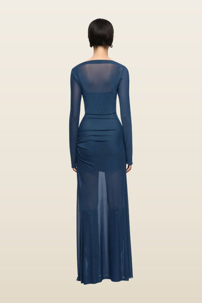 Marabou Long Sleeve Maxi Dress - Petrol — model back