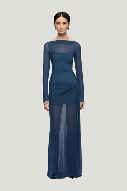 Marabou Long Sleeve Maxi Dress - Petrol — model front