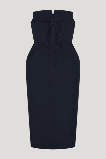 'Marilyn' Exaggerated Square Bandeau Button Detail Midi Dress — model front