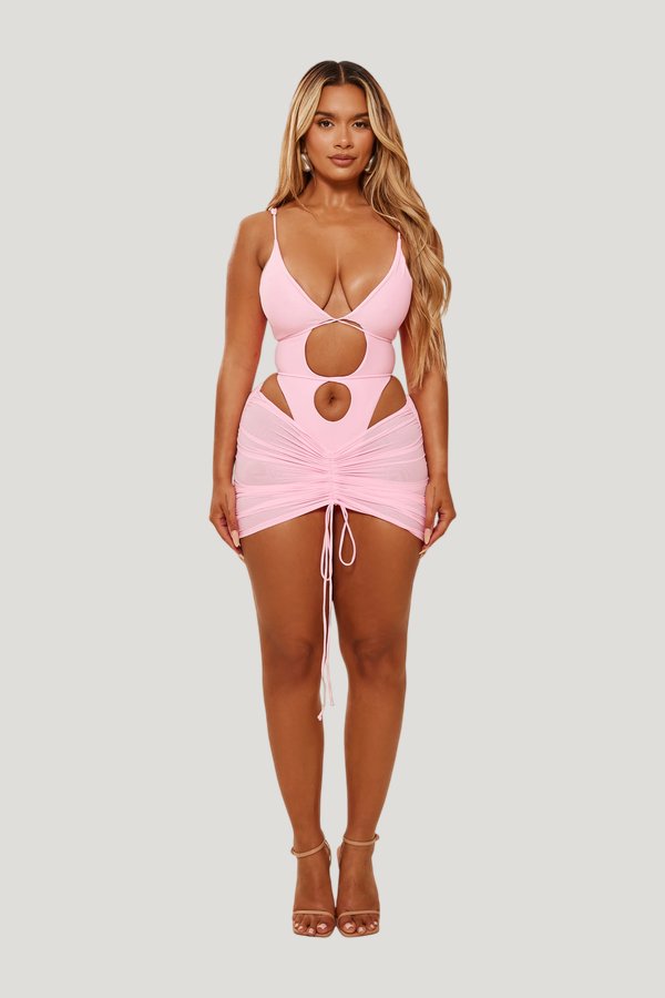 Mesh Ruched Coverup Skirt in Baby — model front