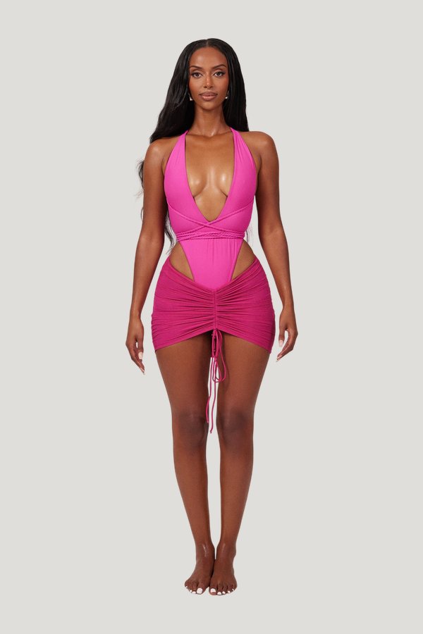 Mesh Ruched Coverup Skirt in Fuchsia — model front