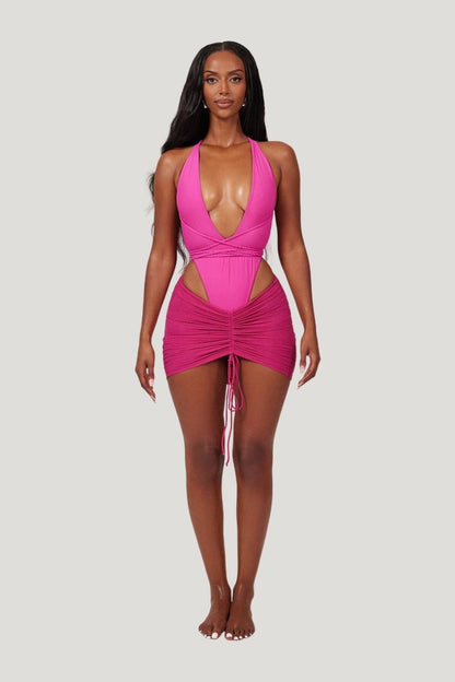 Mesh Ruched Coverup Skirt in Fuchsia — model front