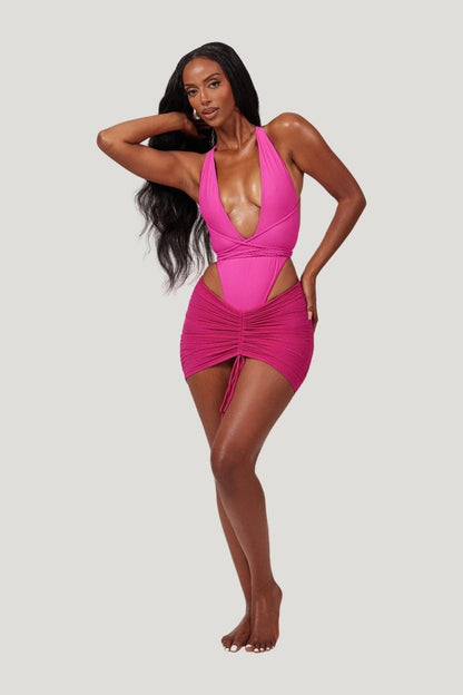 Mesh Ruched Coverup Skirt in Fuchsia — model side