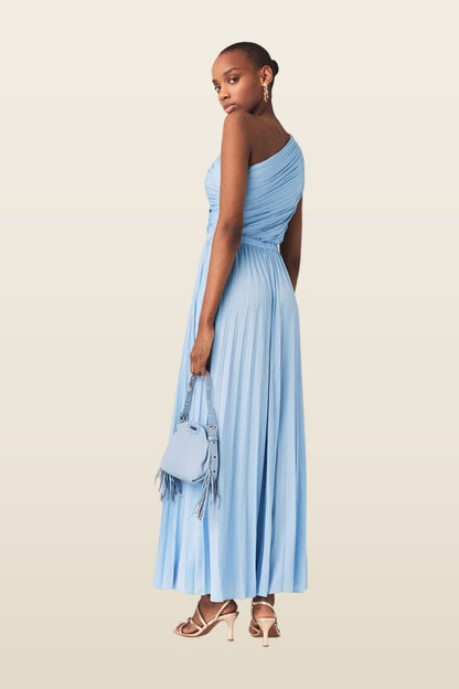Asymmetrical pleated maxi dress — model back