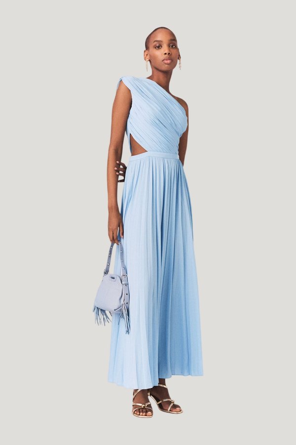 Asymmetrical pleated maxi dress — model front
