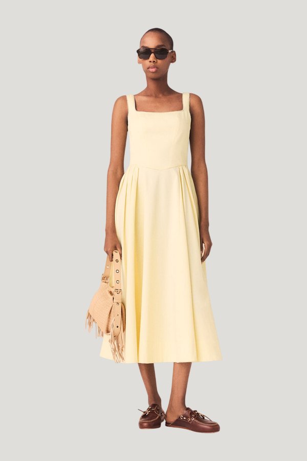 Flared rhinestone-trim midi dress — model front